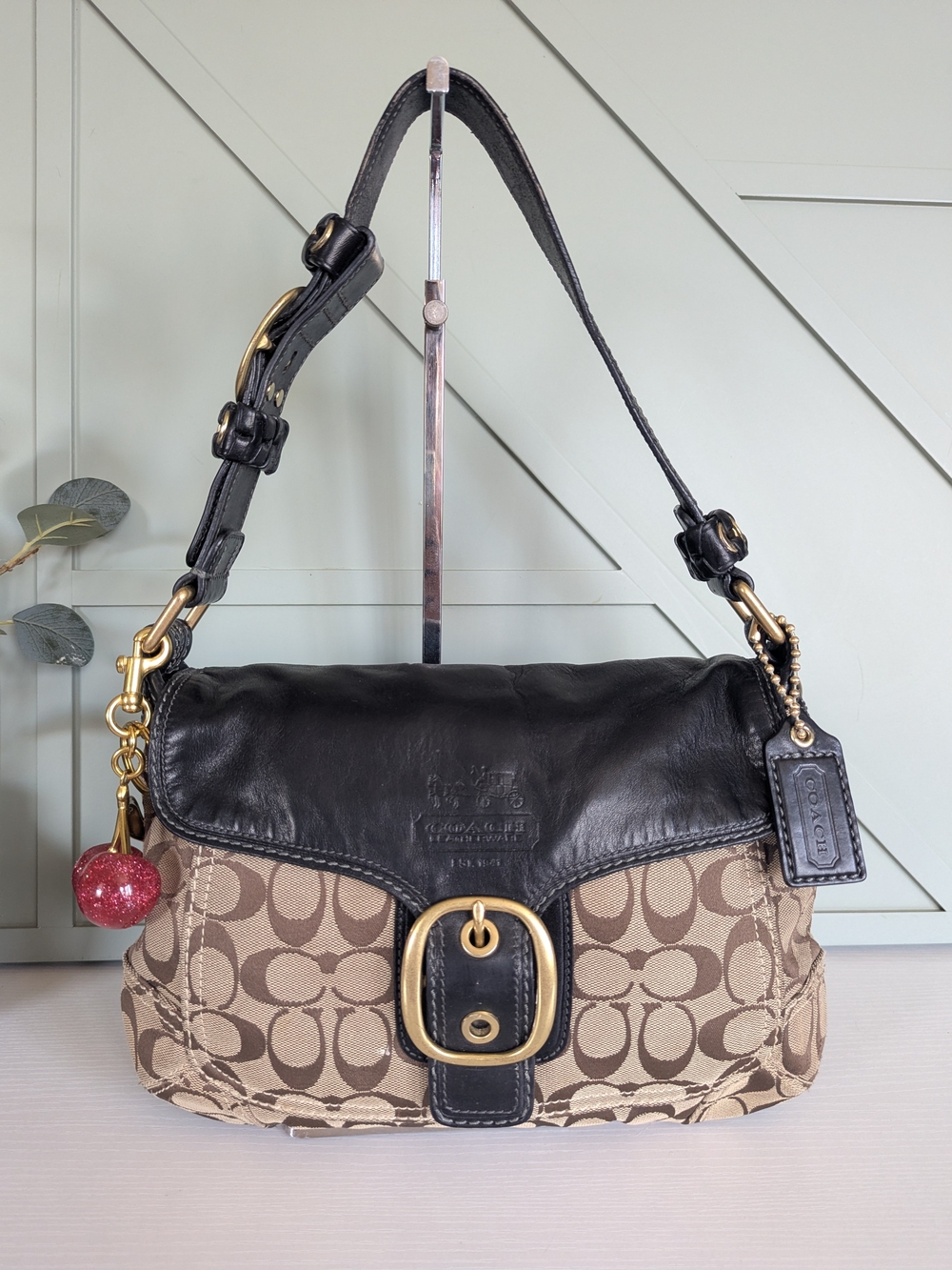Coach Brown Signature Canvas and Black Leather Shoulder Bag